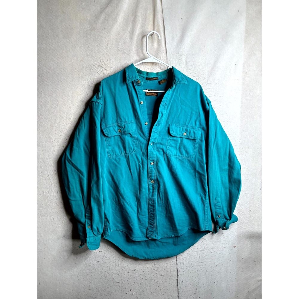 VTG 90s Eddie Bauer Outbound Twill Shirt Mens L Teal Blue Workwear Flap Pockets